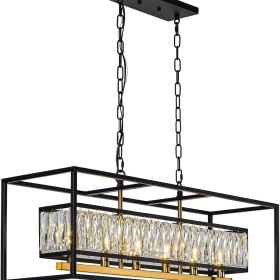 Modern Black and Gold Rectangle Crystal Chandeliers for Dining Room L35" 6-Light Modern Black and Gold Rectangular Contemporary Hanging Chandelier Pendant Light for Kitchen Island
