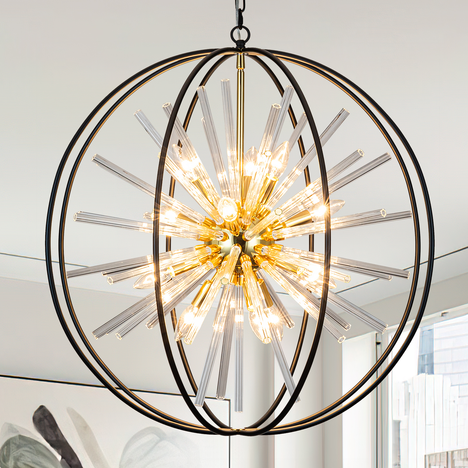1 Vezzio Modern Sputnik Chandeliers for Dining Room 12-Light Black and Gold Chandelier for Entryway D27 Globe High Ceiling Light Fixture for Foyer Stairway Hallway Bedroom Living Room - Image 1