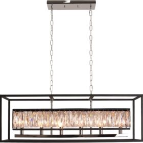 Vezzio Black Crystal Chandelier, 6-Light Rectangle Modern Farmhouse Pendant Light Fixture, Adjustable Linear Chandelier for Dining Room Kitchen Island L35''