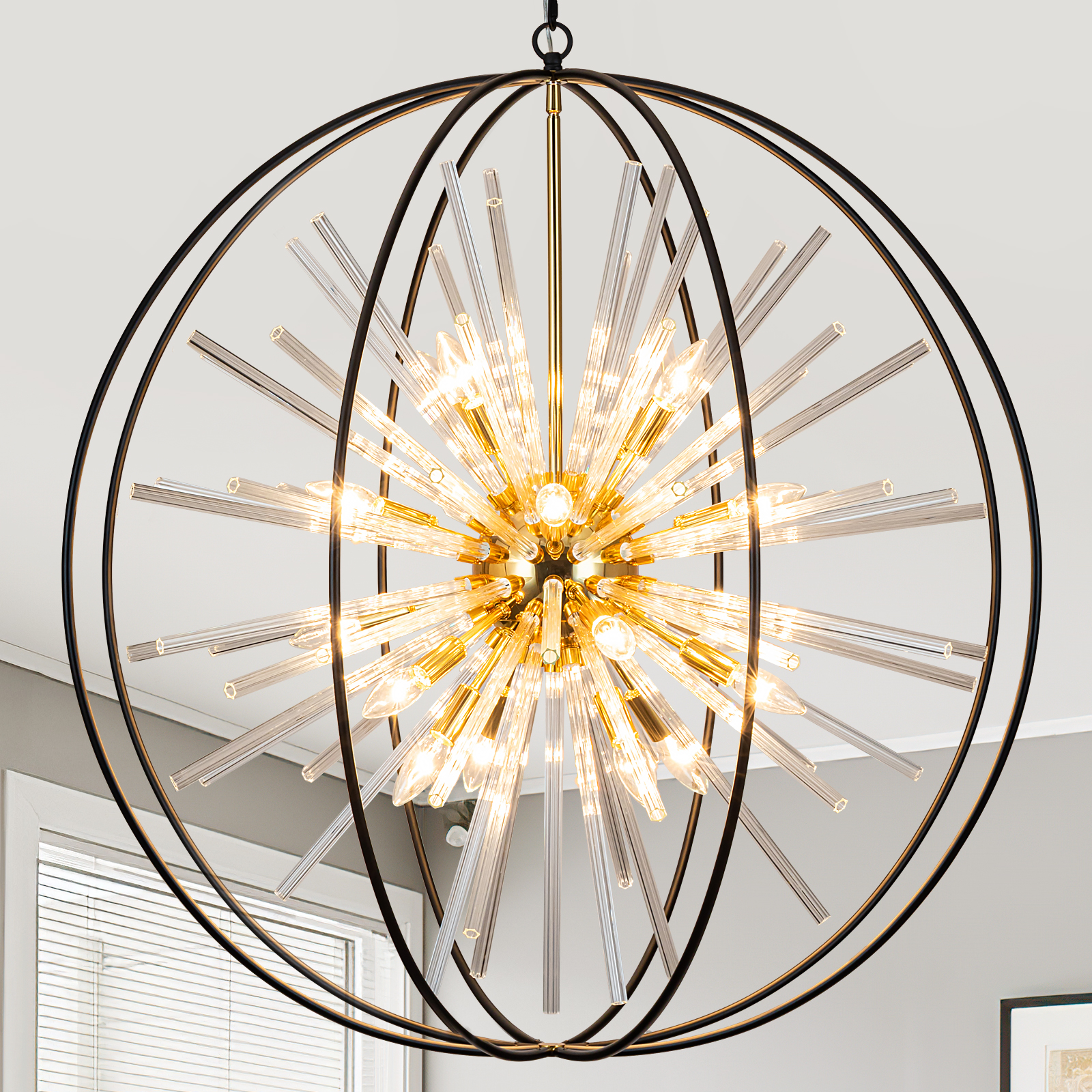 1 35" Black and Gold Chandelier for Entry Chandeliers for High Ceilings Large Globe Crystal Pendant Lights for Entryway Foyer Stairway Hallway Dining Room Living Room - Image 1