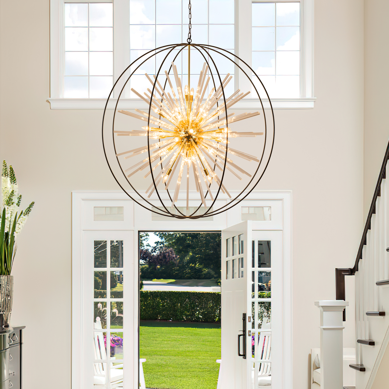 1 Vezzio 52" Extra Large Globe Chandelier for High Ceilings 32-Light Modern Black and Gold Modern Crystal Pendant Light Fixture for Entryway, Foyer, Stairway, Kitchen, Dining, and Living Room - Image 1