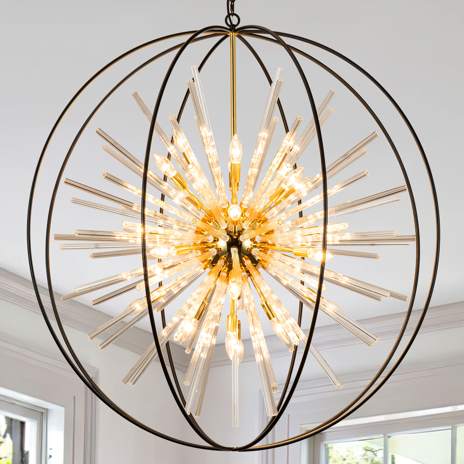 24.9.18新 Vezzio D42" Extra Large Black and Gold Chandeliers for High Ceiling 24-Light Big Modern Globe Crystal Chandeliers for Entryway Foyer Stairway Kitchen Dining Living Room - Image 1
