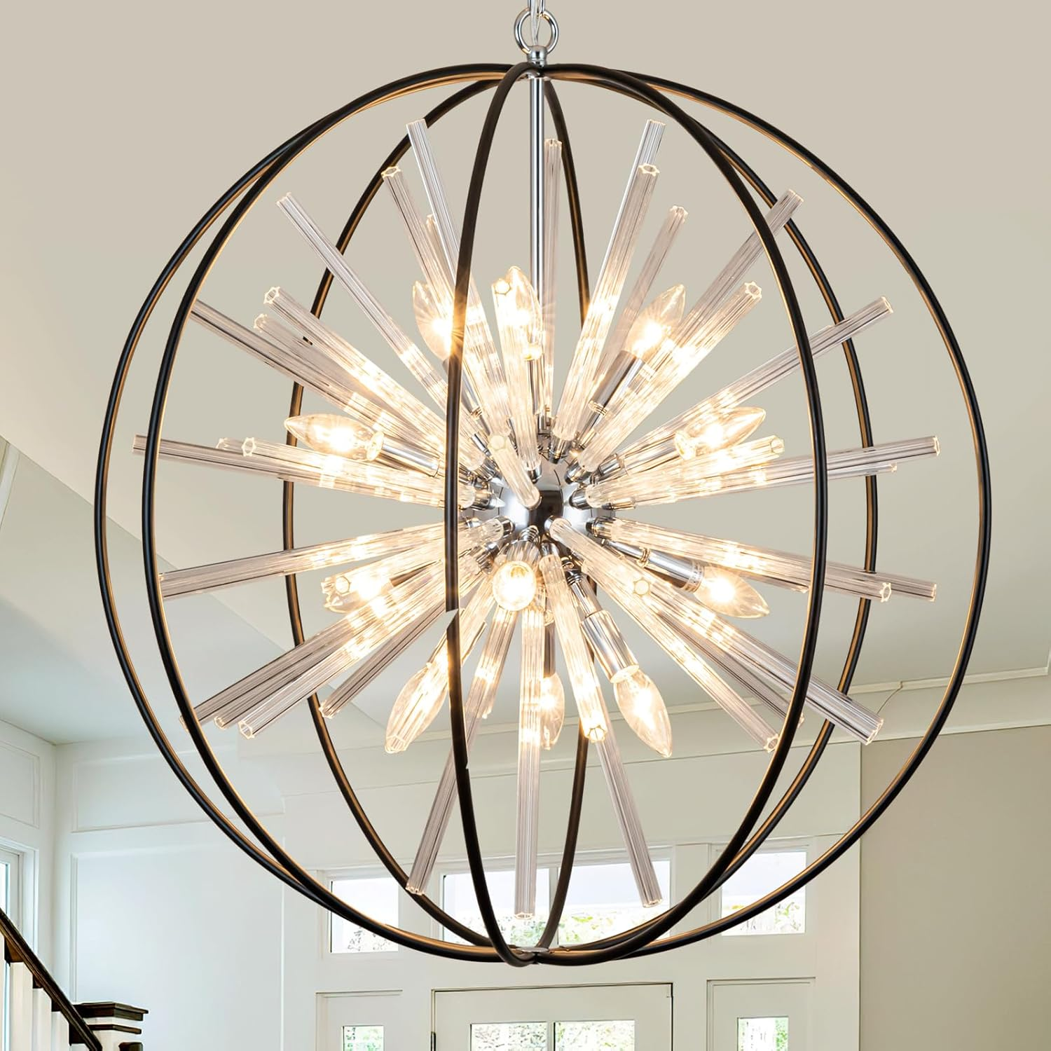 eef424e7-b71d-4479-a437-4ffe9f1e92dd Vezzio Modern Chandelier for Entryway Foyer D27 Inch Black Globe High Ceiling Chandelier 12-Light Contemporary Hanging Light Fixture for Dining Room Kitchen Living Room Hallway Stairway - Image 1