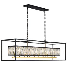Modern Large Rectangular Black and Gold Crystal Chandelier | L50" 10 Lights Modern Farmhouse Rectangle Black Chandeliers Hanging Pendant Light Fixture for Dining Room Kitchen Island