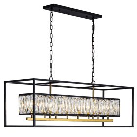 Large Modern Black and Gold Crystal Chandeliers for Dining Room | L42" 8 Lights Crystal Farmhouse Light Fixture Over Table Rectangle Chandelier for Kitchen Island