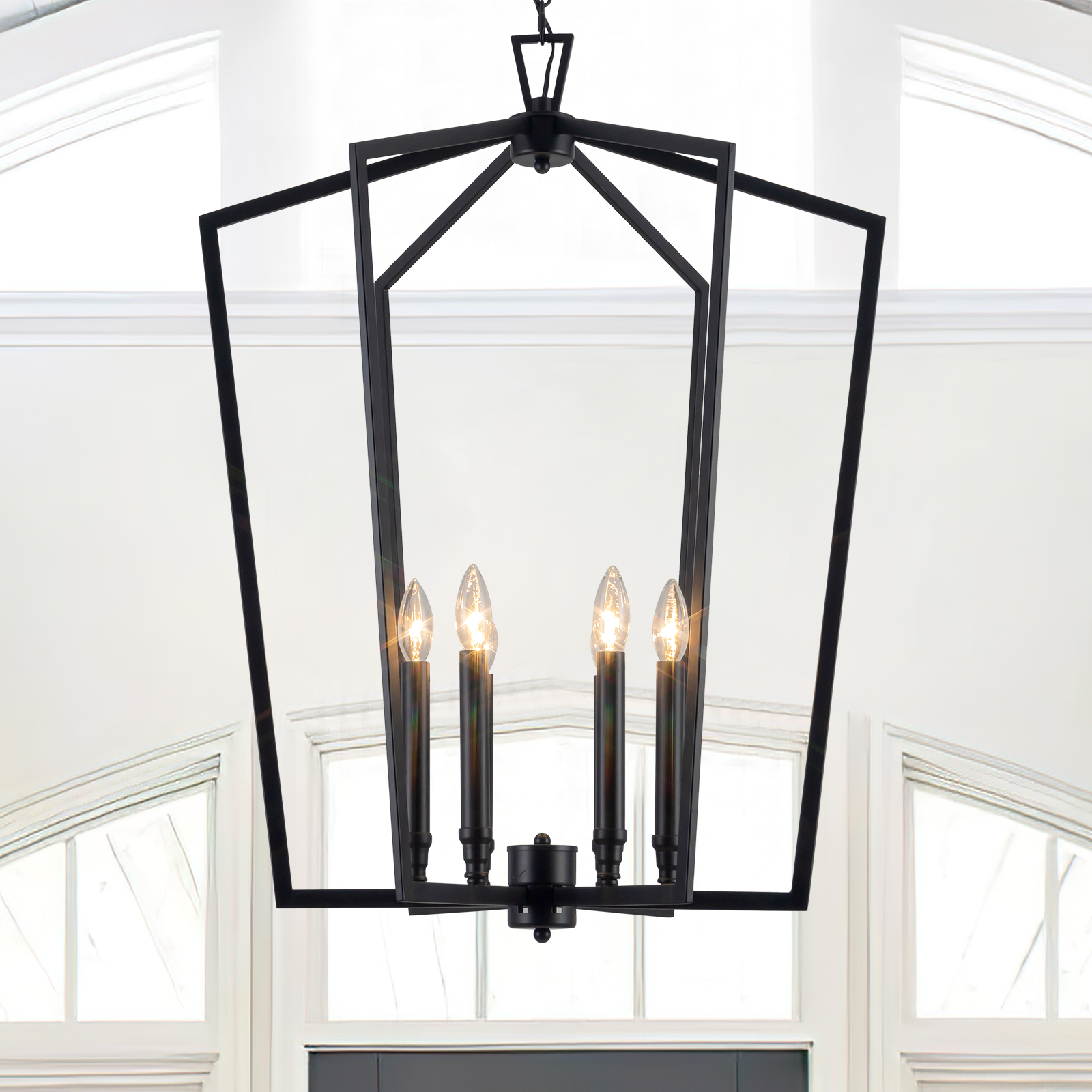 1 Modern Black Farmhouse Lantern Chandelier for Entryway Foyer D25 Inch 6-Light Industrial Light Fixture Adjustable Dimmable for Dining Room Kitchen Island Hallway Stairway - Image 1