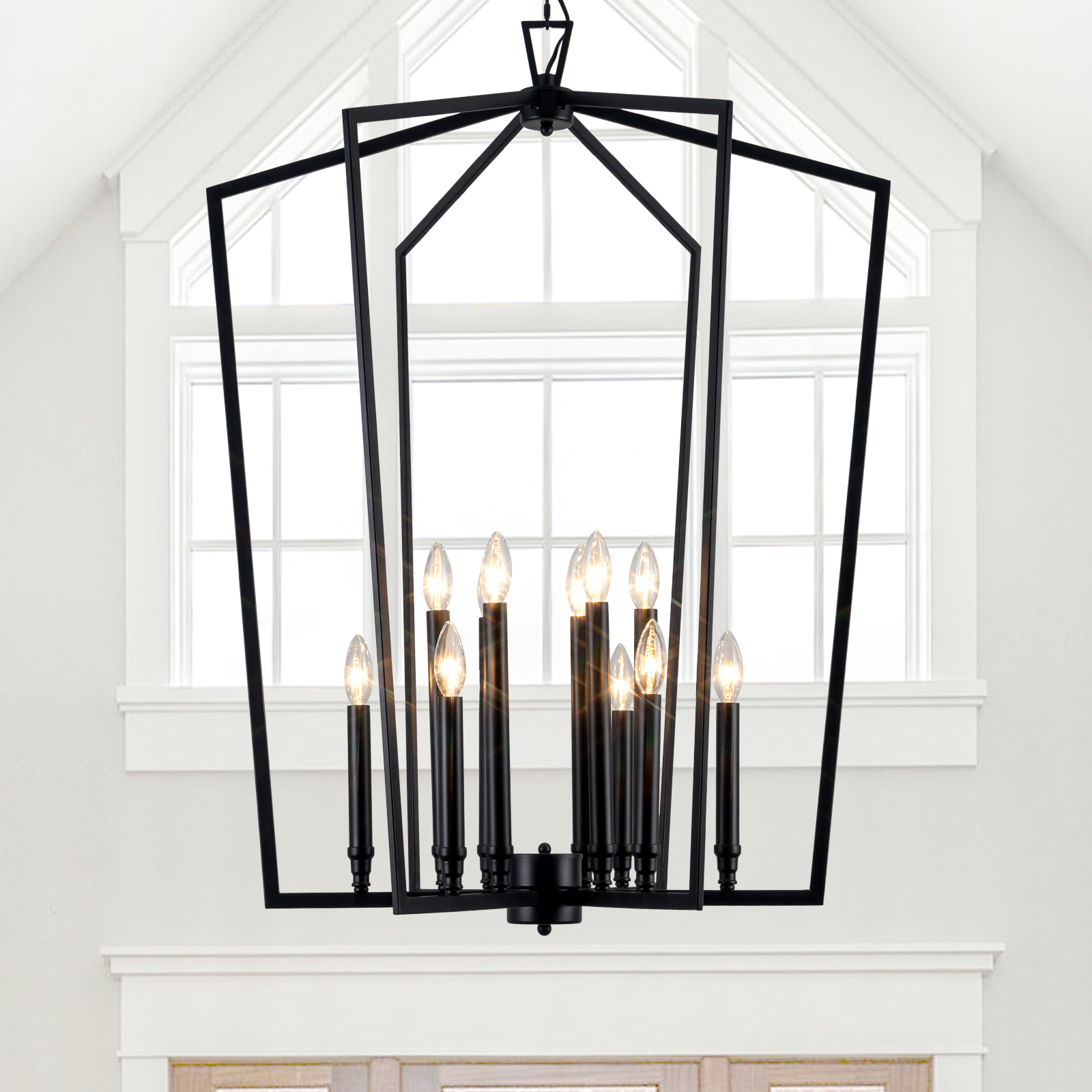 1 Modern Large Black Lantern Foyer Entryway Chandelier D30 Inch 12-Light Modern Industrial Pendant Light for High Ceiling, Dining Room, Kitchen Island, Hallway, Staircase - Image 1