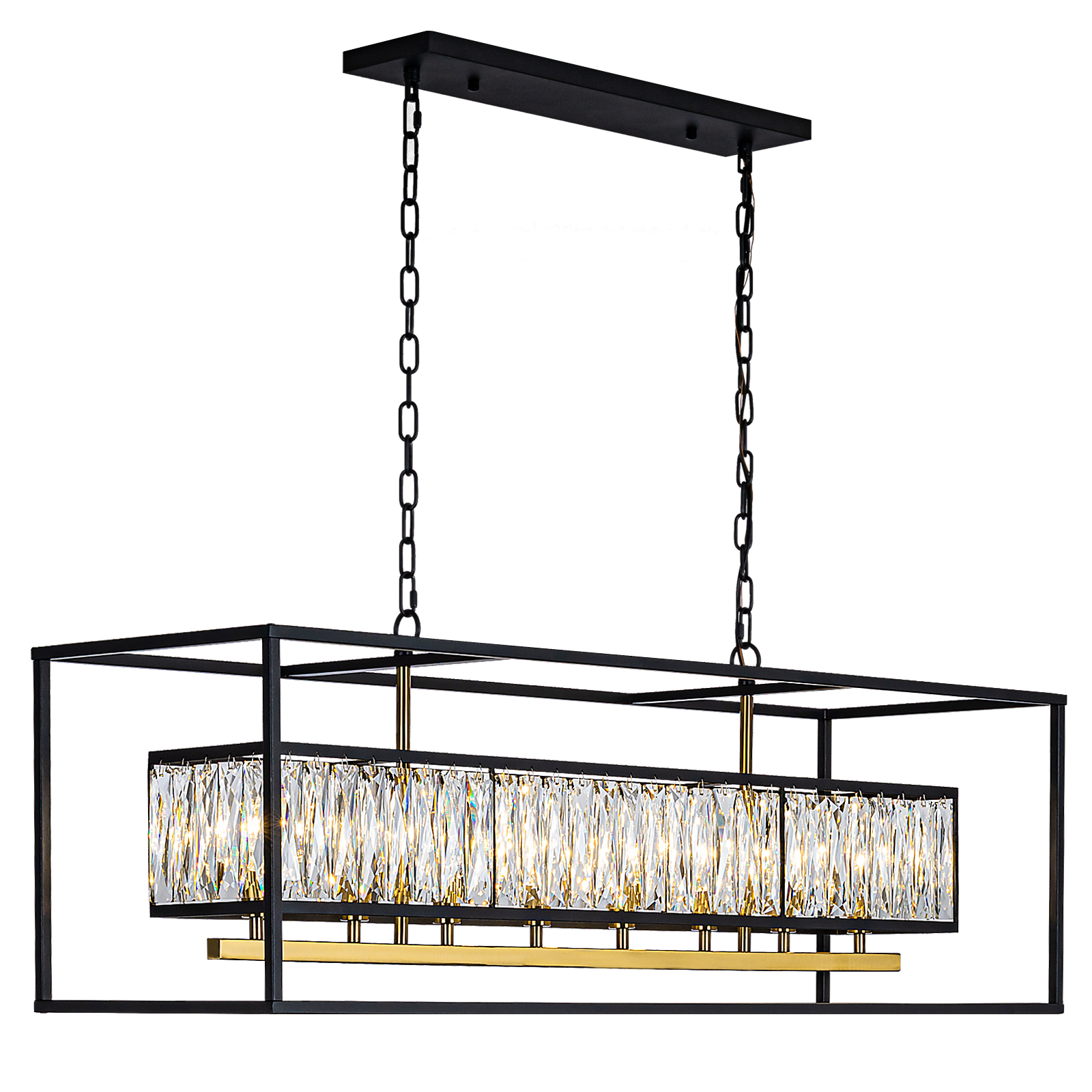 1 Large Modern Black and Gold Crystal Chandeliers for Dining Room | L42" 8 Lights Crystal Farmhouse Light Fixture Over Table Rectangle Chandelier for Kitchen Island - Image 1