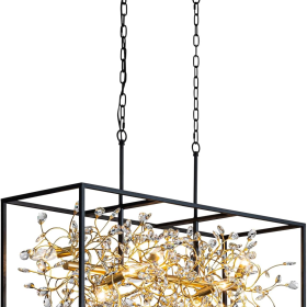 Modern Black and Gold Rectangle Crystal Chandeliers for Dining Room | L38.5" 8-Light Modern Farmhouse Light Fixture, Adjustable Linear Chandelier Kitchen Island