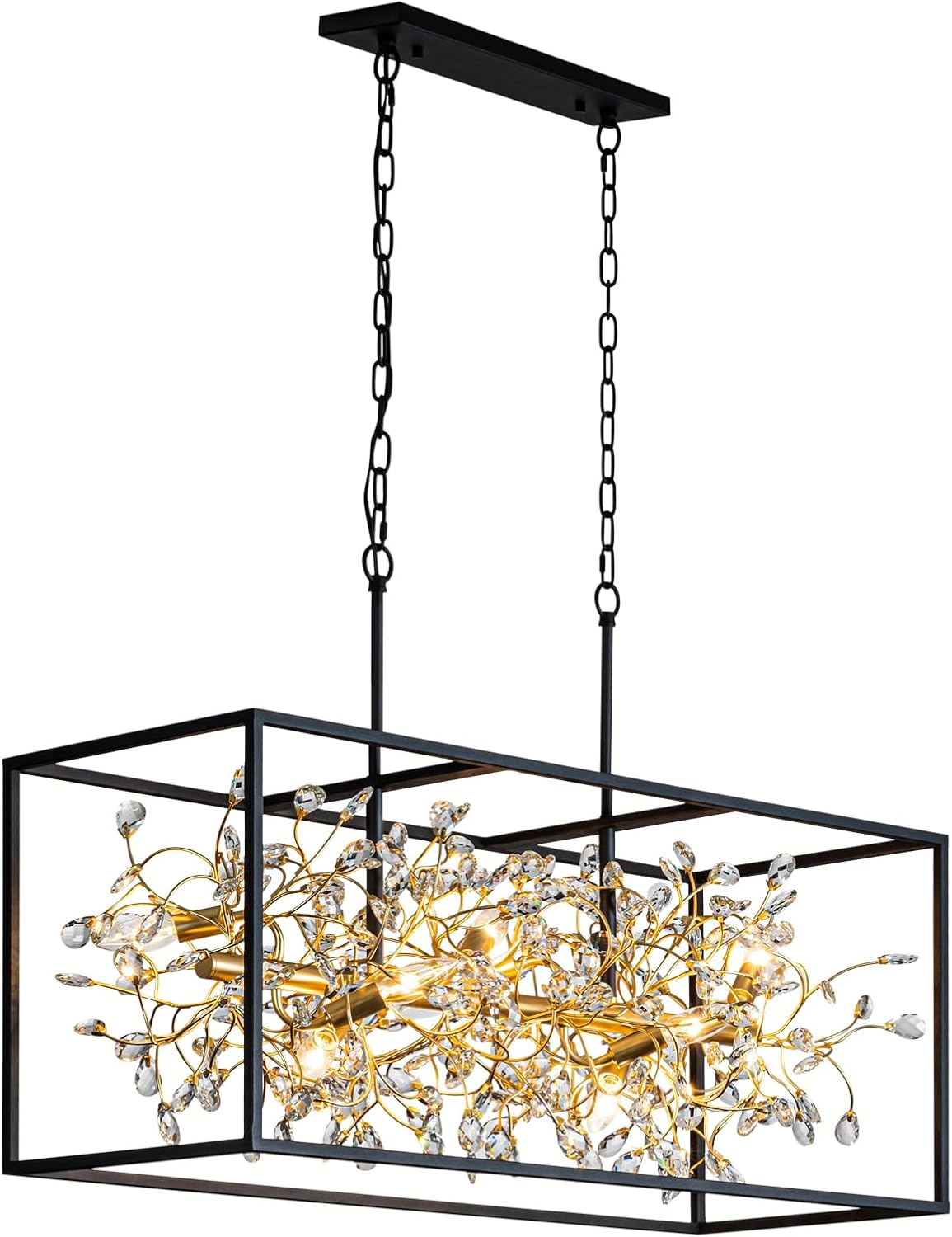 3c97f684-883e-4abb-a3a1-c486bff4a21c Modern Black and Gold Rectangle Crystal Chandeliers for Dining Room | L38.5" 8-Light Modern Farmhouse Light Fixture, Adjustable Linear Chandelier Kitchen Island - Image 1